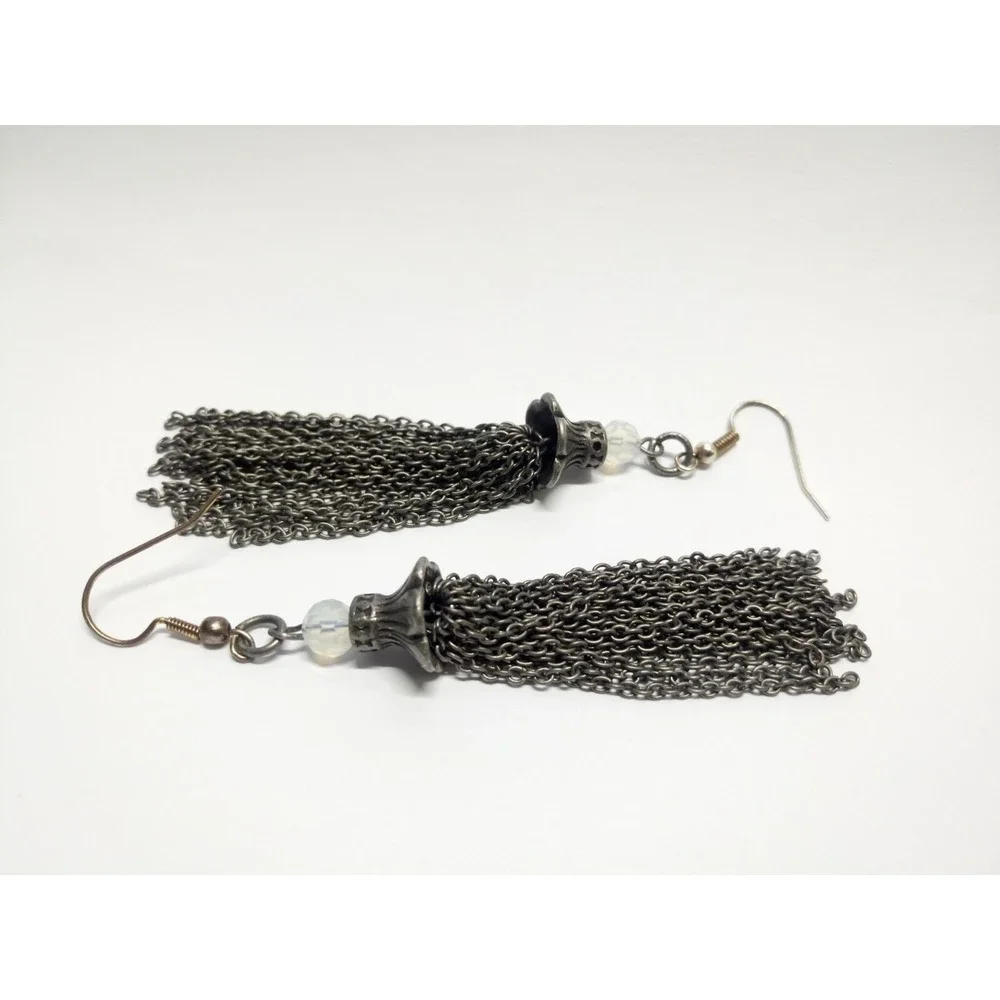 Handmade Ball Bead Chain Tassel Silvertone Pierced Earrings Drop Dangle New 3.25